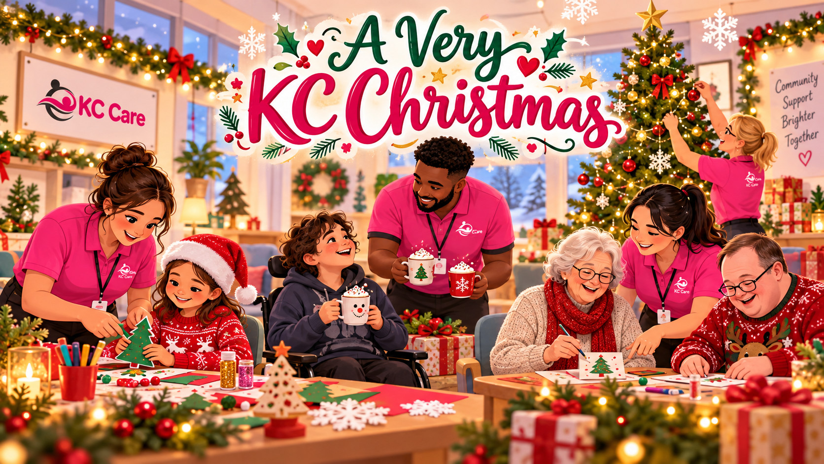 KC Care Christmas event with staff and people enjoying festive activities