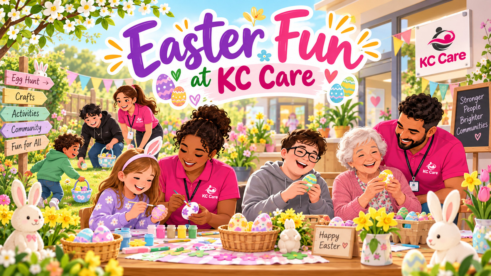 KC Care Easter event with staff and people enjoying spring activities