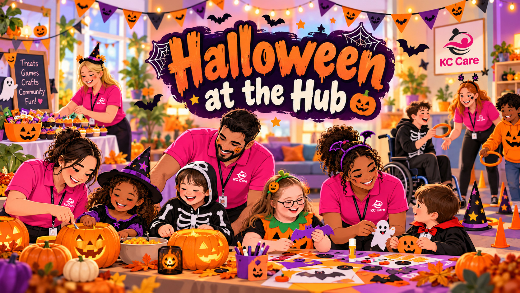 KC Care Halloween event with staff and people enjoying themed crafts and games